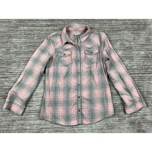 RuffHewn Button Down Shirt Womens M Pink Gray Plaid Western Snap Pocket L/S